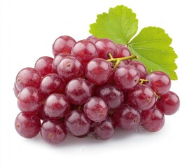 Close up of a cluster of ripe, red grapes with a green leaf on a plain background. The grapes are plump and juicy, and the image is well lit