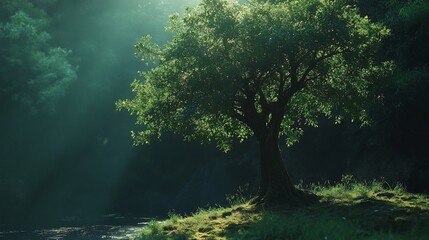 Fototapeta premium Solitary tree by river at sunrise, misty forest background.
