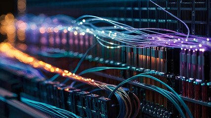 Data Flow Visualization: An abstract shot of an illuminated network cable with data flowing through fiber optic strands. Illustrating the complex digital backbone of modern infrastructure.