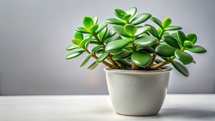 Fototapeta premium Jade Plant, White Pot, Minimalist Background, Macro Photography, AI Art