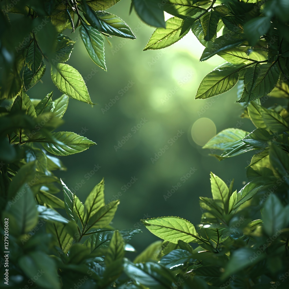 Poster natural green leaves frame on blurred forest background with bokeh effect and copy space. spring fol