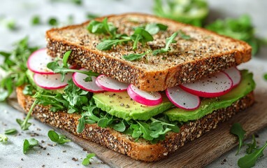 Delicious avocado and radish sandwich on multigrain bread with fresh arugula.  Perfect for a healthy lunch or snack.