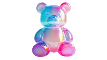 A shiny, plastic bear toy with an iridescent gradient from pink to blue, featuring reflective highlights on its fur, isolated on a white backdrop.