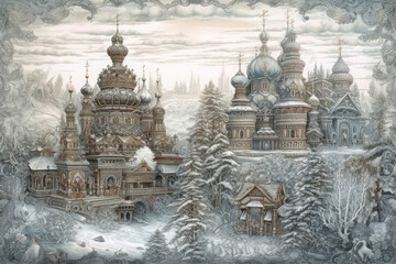 Fototapeta premium a fairytale image of a winter Russian city with majestic cathedrals in the traditional Old Russian style. 