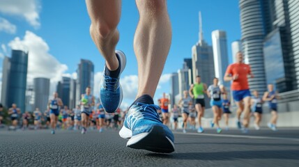 Close up view of a runner's legs during a city marathon, showcasing running shoes and a blurred background of many other runners in bright sunlight