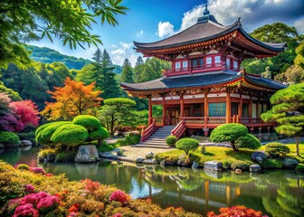 Obraz premium Japanese Temple, Scenic View, Copy Space, AI Art
