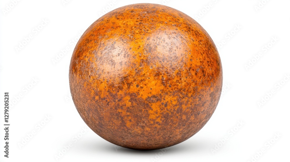 Poster studio shot of a spherical object with a rusty orange texture and dark speckles against a white back