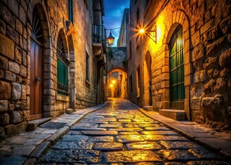 Obraz premium Jerusalem Jewish Quarter Narrow Street Night Photography, Stone Houses, Ancient Cityscape