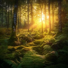 Obraz premium Sunrise Forest Scene Golden Light Vibrant Ferns Moss Ground