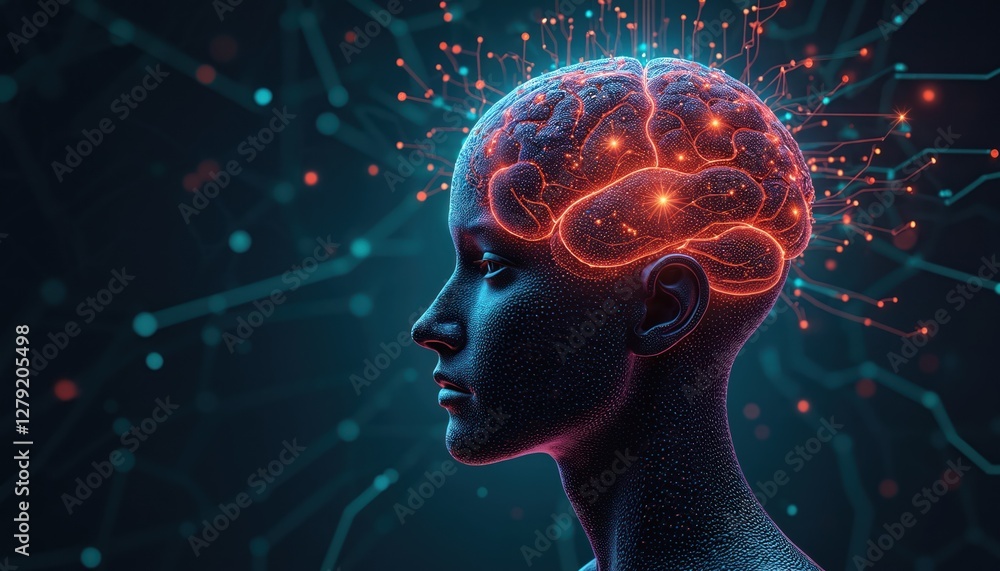 Poster conceptual deep learning symbol. human head mesh interconnected with glowing neural network nodes. a