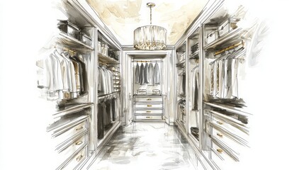 Luxury walk-in closet design sketch, interior concept, modern wardrobe, elegant fashion