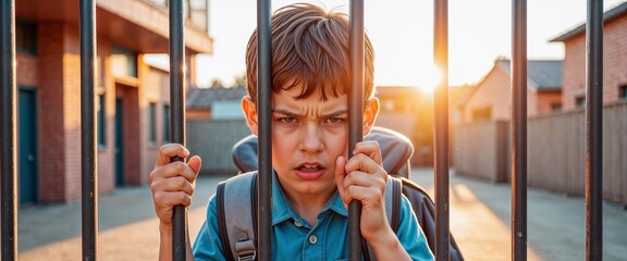 Obraz premium Angry Boy Behind Fence at Sunset: Powerful Image for Blogs on Childhood Frustration, Bullying Prevention, and Mental Health Awareness in Youth