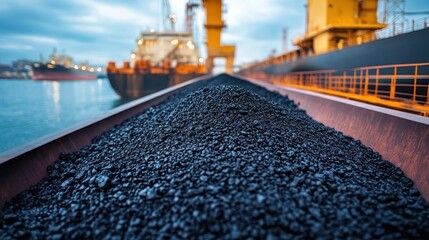 Coal loading at port, ships in background, industrial scene