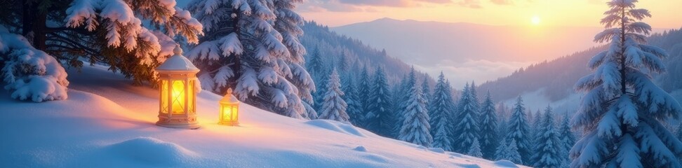 serene snowy hillside with frosty trees and golden lanterns, peaceful, golden accents, forest