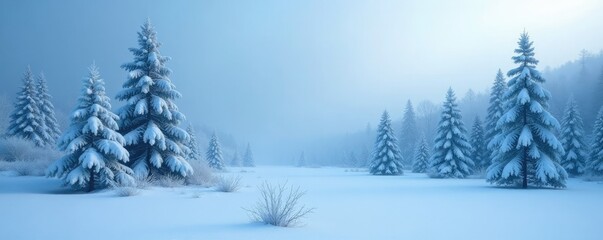 Obraz premium Serene winter scene with a misty blue background and a frozen forest landscape of snowy trees, frost, forest scenery, serene landscape