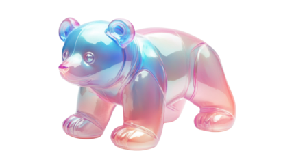 A shiny, plastic bear toy with an iridescent gradient from pink to blue, featuring reflective highlights on its fur, isolated on a white backdrop.