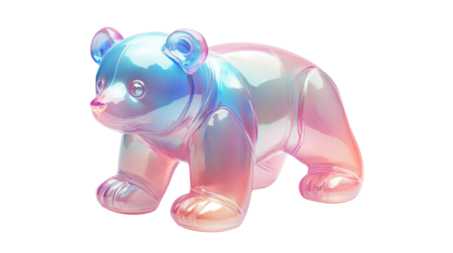 A shiny, plastic bear toy with an iridescent gradient from pink to blue, featuring reflective highlights on its fur, isolated on a white backdrop.