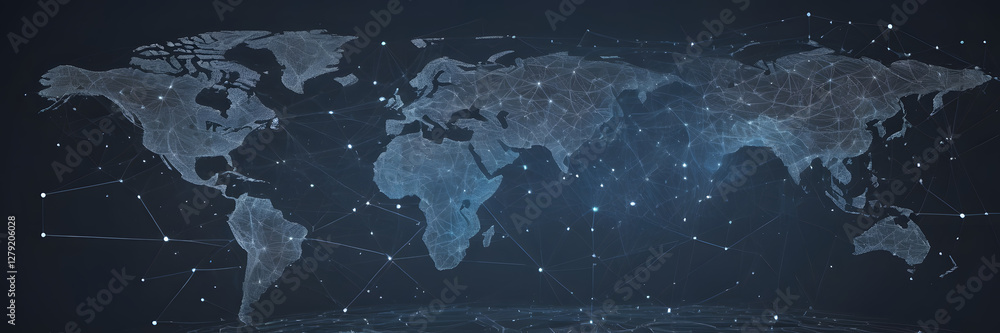 Poster global network map: an intricately detailed illustration depicts the world map overlaid with a netwo
