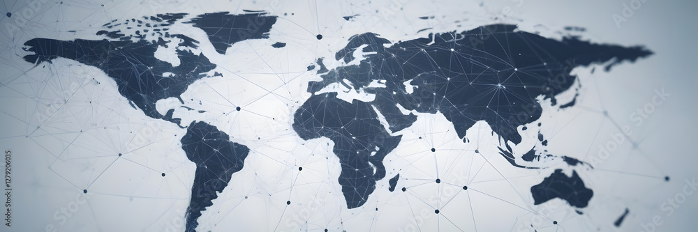 Poster global connectivity: a stylized, dark-toned map of the world, overlaid with a network of interconnec