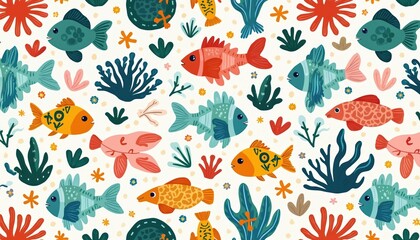 Seamless pattern with cute colorful fish, seaweed. Underwater world background for kids textile, wallpaper, wrapping paper, package, apparel design. Marine life with plants, animal. Ocean design.