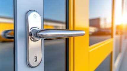 Close up of a silver door handle on a yellow door, reflecting a sunset or sunrise. The handle is sleek and modern, with a clean design. The yellow