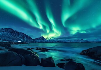 Fototapeta premium Northern Lights Majesty Aurora Borealis Dancing Above Snow-Capped Mountains and a Calm Sea A Spectacular Display of Nature's Beauty in the Arctic