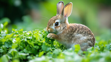 Fototapeta premium rabbit nibbling on fresh greens in lush garden setting, showcasing its playful nature and vibrant surroundings