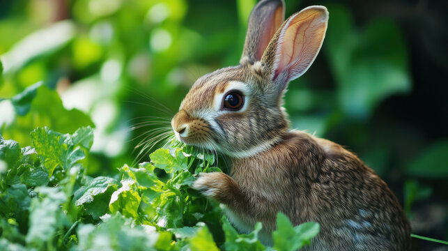rabbit nibbling on fresh greens in vibrant garden setting, showcasing its natural behavior and surroundings