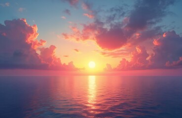 Fototapeta premium Vibrant sunset with smooth water surface, bright sun disk, cloudscape. Ocean reflects colorful sky. Nature landscape background. Calm serene majestic nature scene. Romantic dreamy tranquil