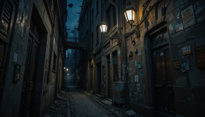 Fototapeta premium Narrow cobblestone alleyway at dusk with vintage street lamps