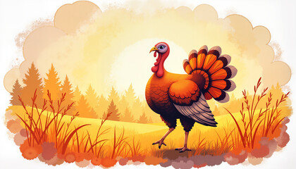 Proud turkey strutting through golden grass at sunset, festive spirit