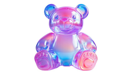 A plastic bear toy in iridescent pink and blue colors, with reflective accents on its arms and face, isolated on a clean white background.