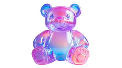 A plastic bear toy in iridescent pink and blue colors, with reflective accents on its arms and face, isolated on a clean white background.