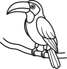 toucan bird on tree branch line art, black outline, vector and illustration, line art and outline