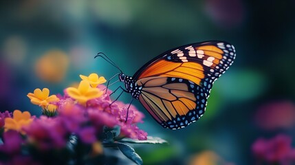Butterfly Perched on Pink Flowers: A Close-Up of Nature's Beauty with Vibrant Colors and Intricate Patterns