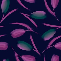 abstract purple background with leaves, seamless tulips flower with on navy blue background