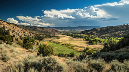 Fototapeta premium scenic valley landscape showcasing contrasting dry and lush areas, with mountains in background and dramatic clouds above