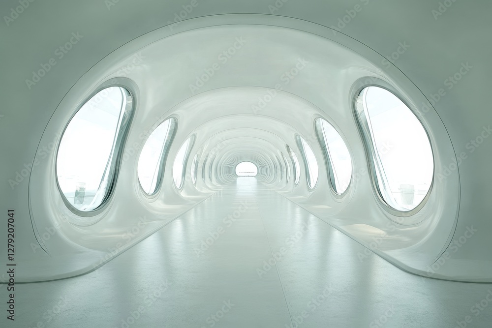 Poster modern architectural hallway with large windows and minimalistic design in bright space