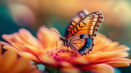 Fototapeta premium Butterfly Perched on Pink Flowers: A Close-Up of Nature's Beauty with Vibrant Colors and Intricate Patterns