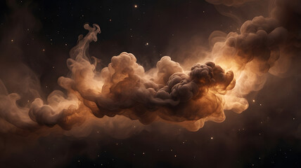 Obraz premium Celestial Symphony: An ethereal dance of cosmic clouds, illuminated by a vibrant burst of golden light, unfolds against a dark backdrop sprinkled with stars, evoking wonder and mystery.