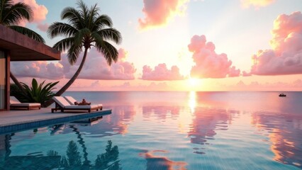 A beautiful sunset over the ocean with a palm tree in the background. The water is calm and the sky is filled with pink and orange hues