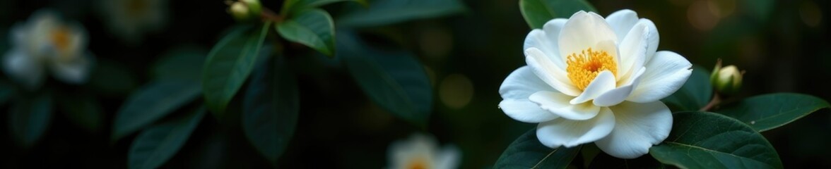Obraz premium White camellia blooms in the shadows of a black trellis, camellia, winter, flower