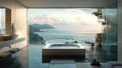 Fototapeta premium Modern Bathroom Features Ocean View Bathtub