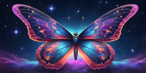 Cosmic Wings: A vibrant butterfly with intricate, colorful wings soars against a backdrop of a starry night sky and nebulas, evoking a sense of wonder and the mysteries of the universe.