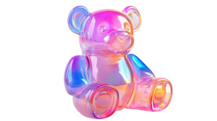 A glossy plastic bear toy with a soft iridescent pink and blue tint, reflecting light on its rounded ears and limb