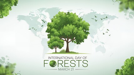 Obraz premium International Day of Forests – Minimalist Illustration with Trees and World Map Background