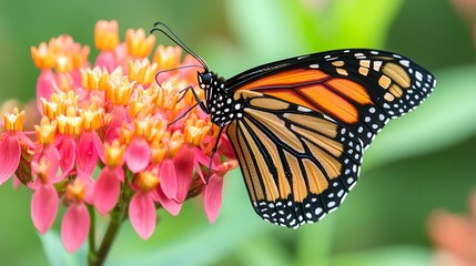Fototapeta premium Butterfly Perched on Pink Flowers: A Close-Up of Nature's Beauty with Vibrant Colors and Intricate Patterns