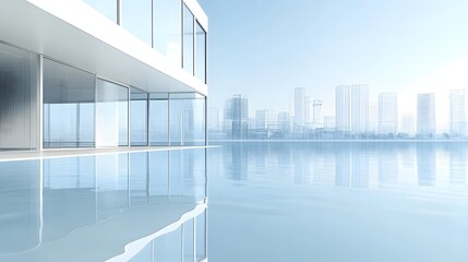 Fototapeta premium Modern Architecture Building with Glass Facade Reflecting Cityscape under Bright Daylight