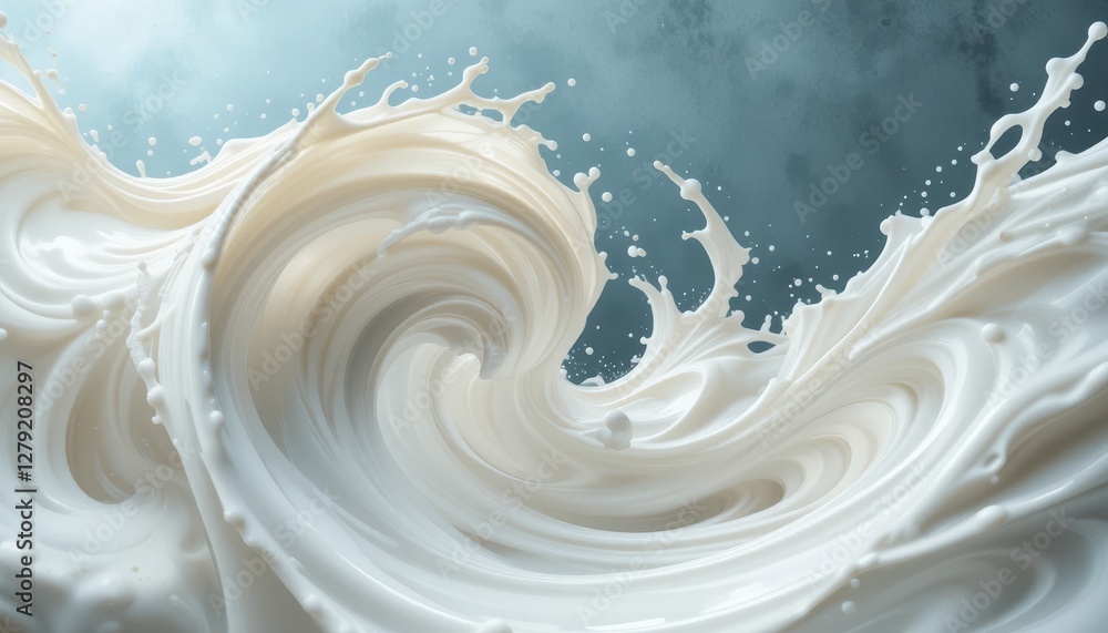 Poster dynamic white liquid wave with splash and swirls in soft light