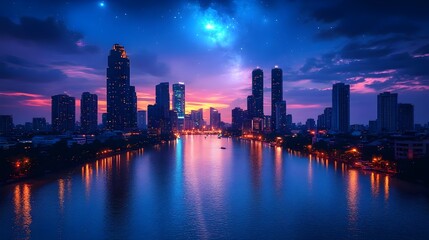 Obraz premium Stunning Cityscape Night View Colorful Reflections Skyline Lights Over Water | AI Generated